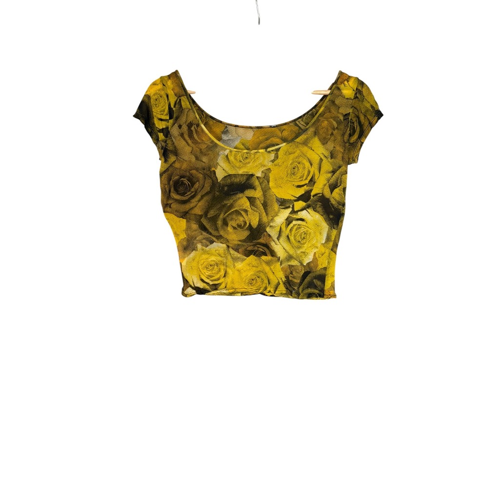 Gaultier Vintage Y2K Sheer Micro Mesh Yellow Rose Photo Print Crop Top S/M 90's